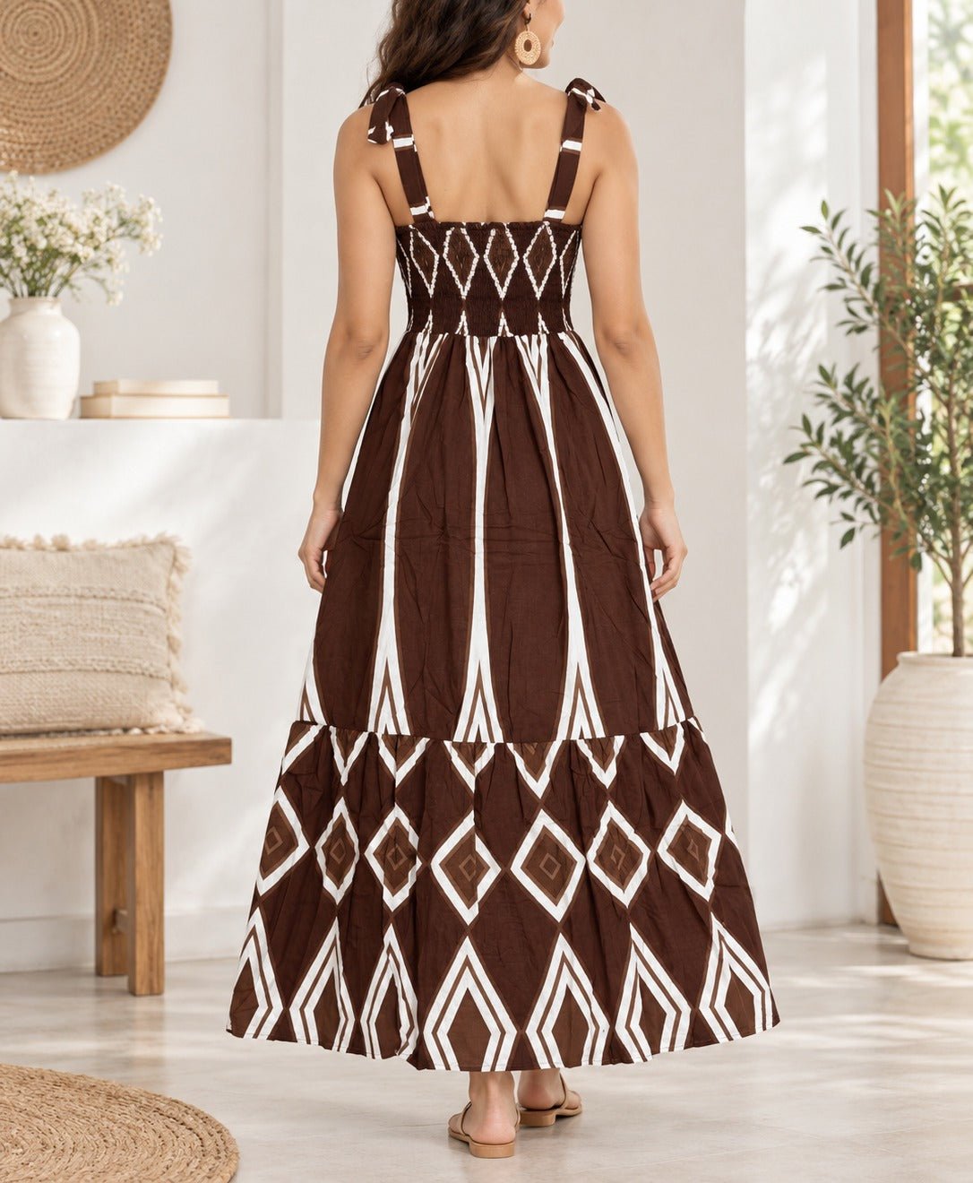 Ladies Brown Tie Strap Maxi Tier Dress - StylePhase SA