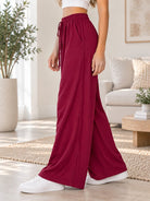 Ladies Burgundy Wide Leg Drawstring Pocket Pants - StylePhase SA