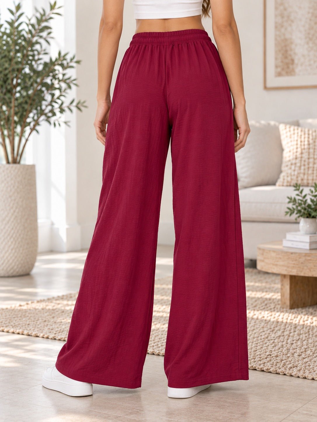 Ladies Burgundy Wide Leg Drawstring Pocket Pants - StylePhase SA