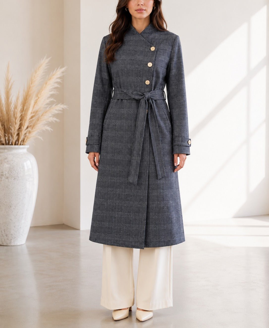Ladies Charcoal Check Side Collar Melton Coat - StylePhase SA