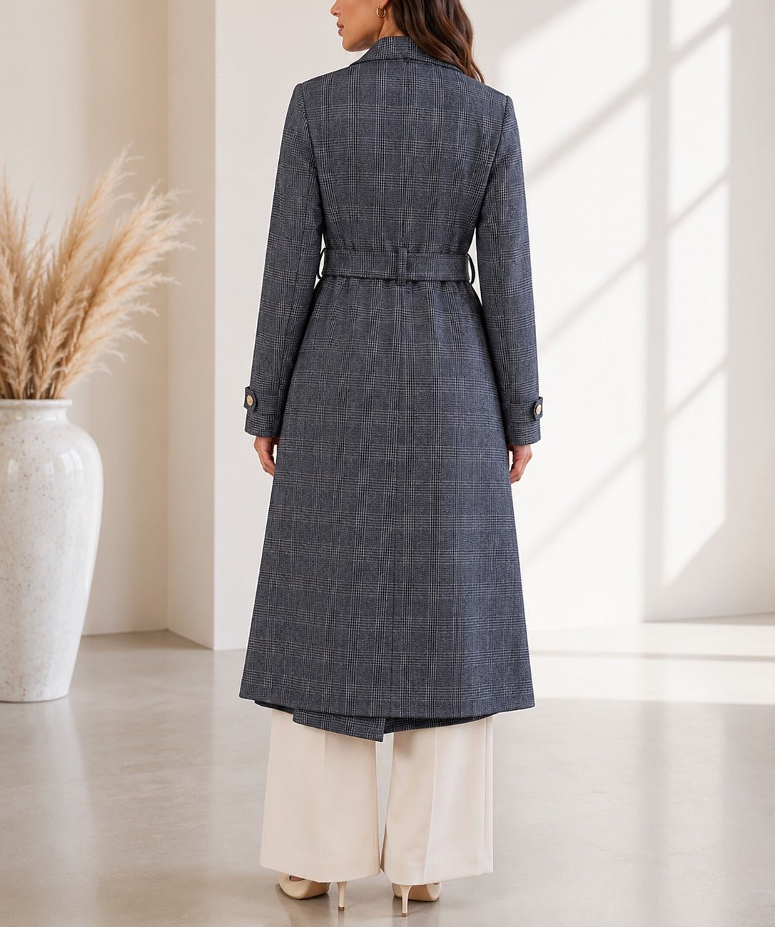 Ladies Charcoal Check Side Collar Melton Coat - StylePhase SA