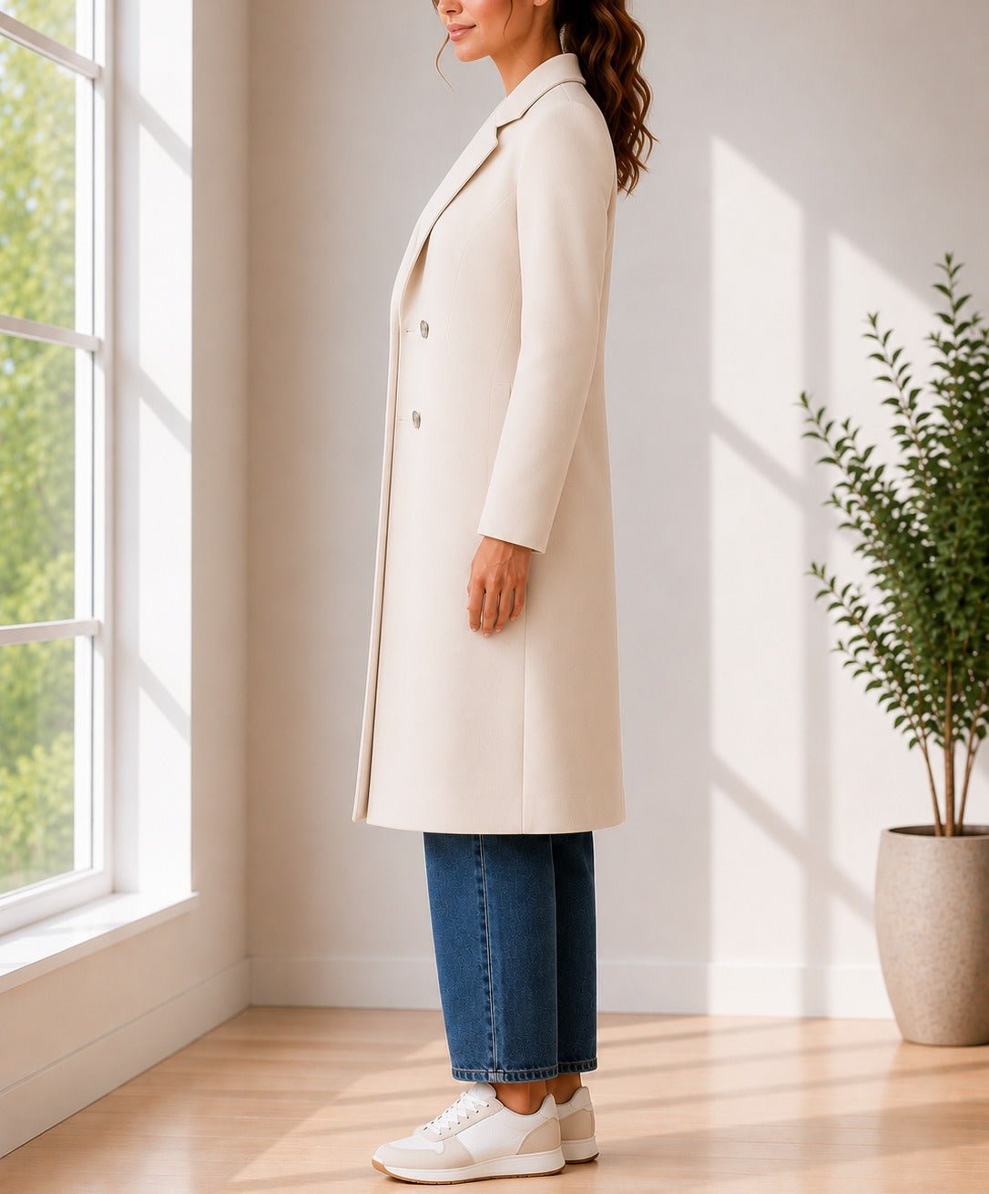Ladies Cream Longline Double-Breasted Tailored Coat - StylePhase SA