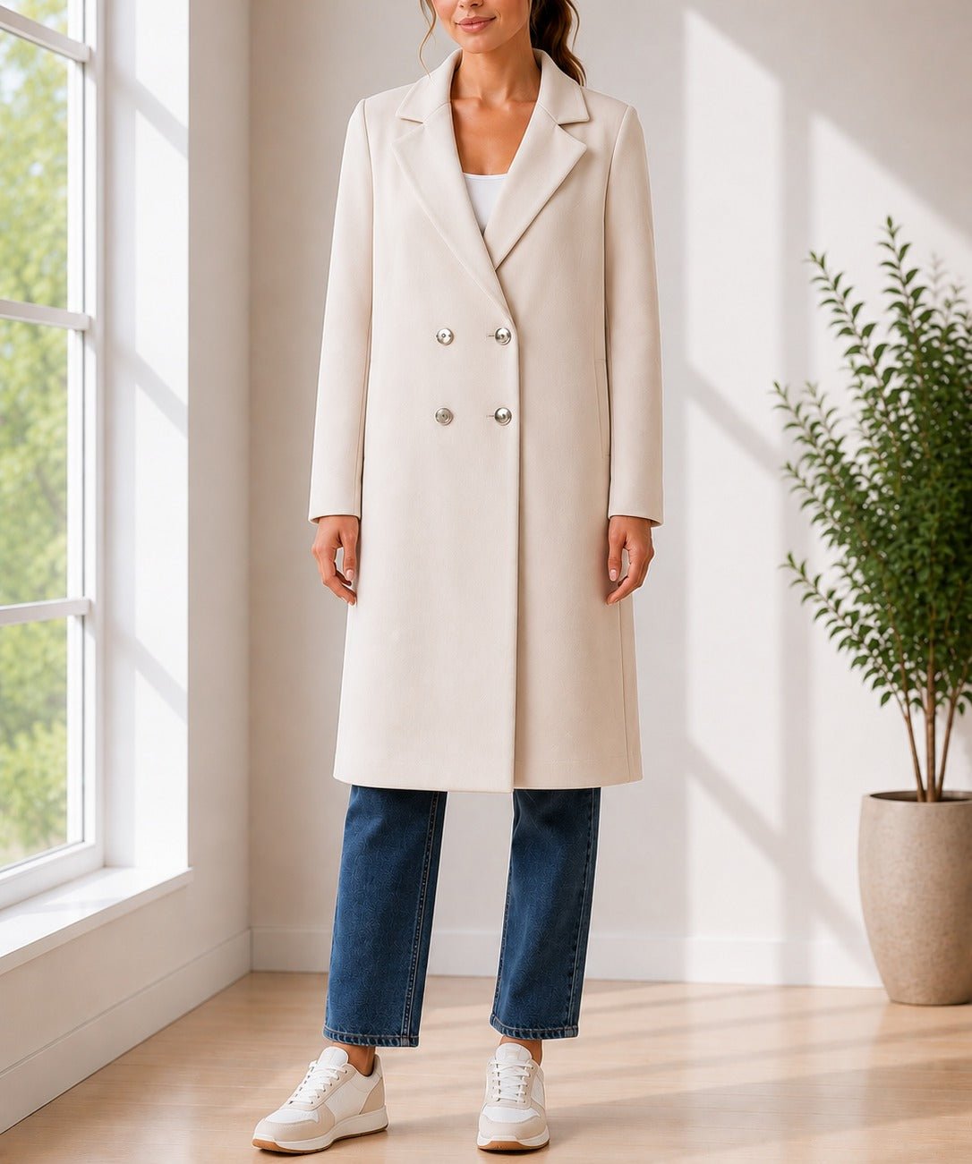 Ladies Cream Longline Double-Breasted Tailored Coat - StylePhase SA