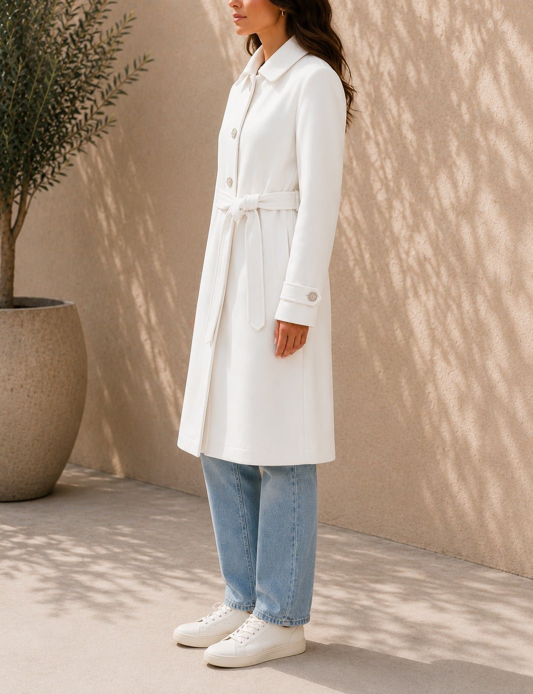 Ladies Cream Pleated Button Detail Melton Coat - StylePhase SA