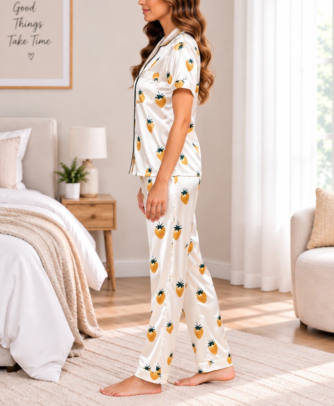 Ladies Cream Strawberry Printed Satin Pyjama Set - StylePhase SA