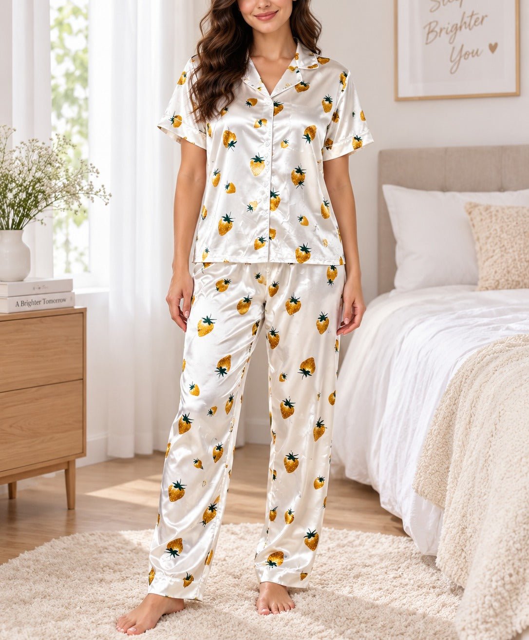 Ladies Cream Strawberry Printed Satin Pyjama Set - StylePhase SA