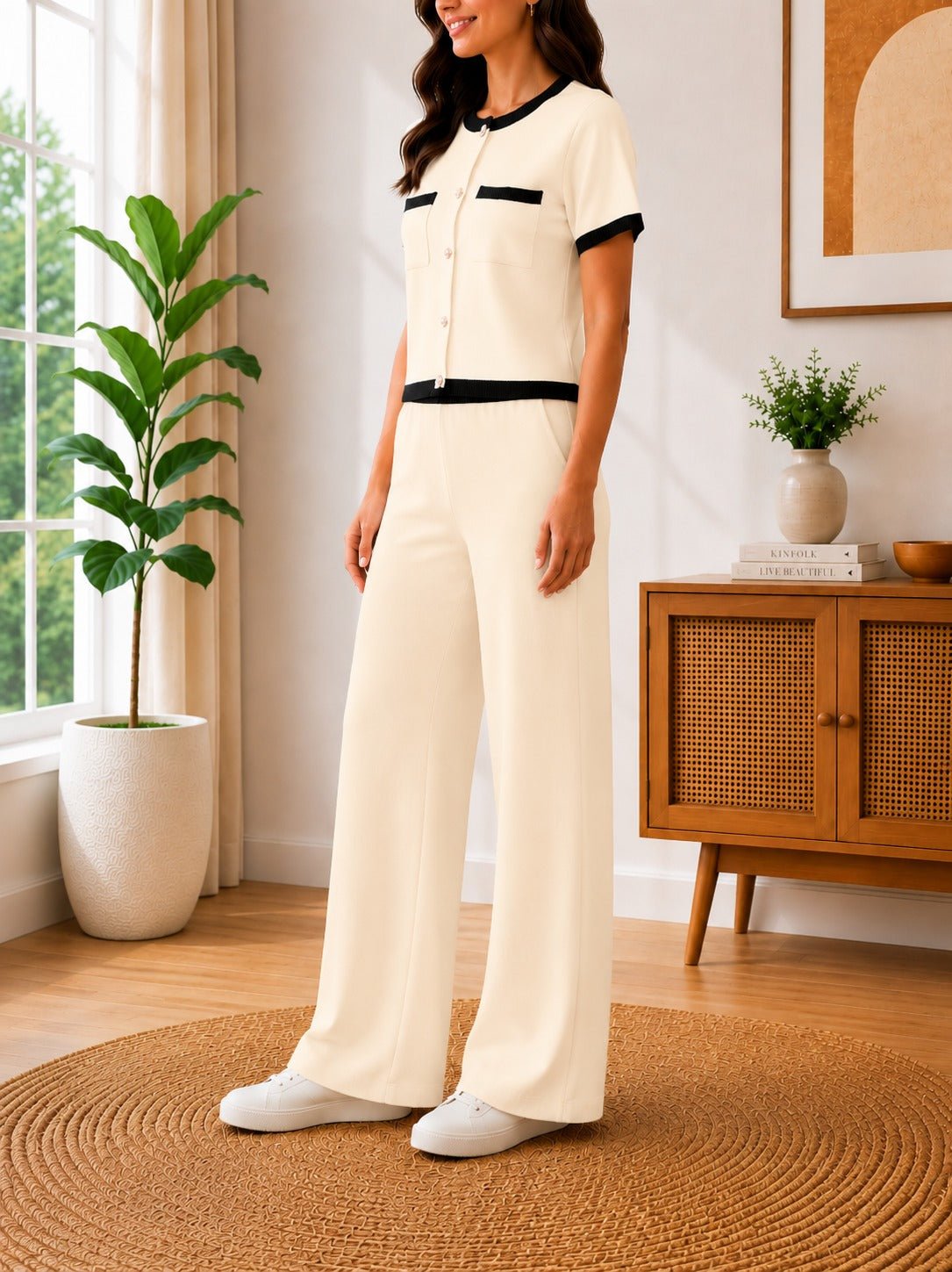 Ladies Cream White Two-Piece Knitwear Jersey Set - StylePhase SA