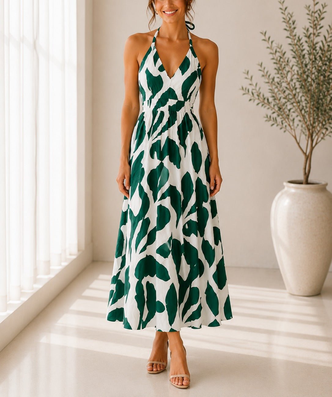 Ladies Green Halter Neck Printed Maxi Dress - StylePhase SA