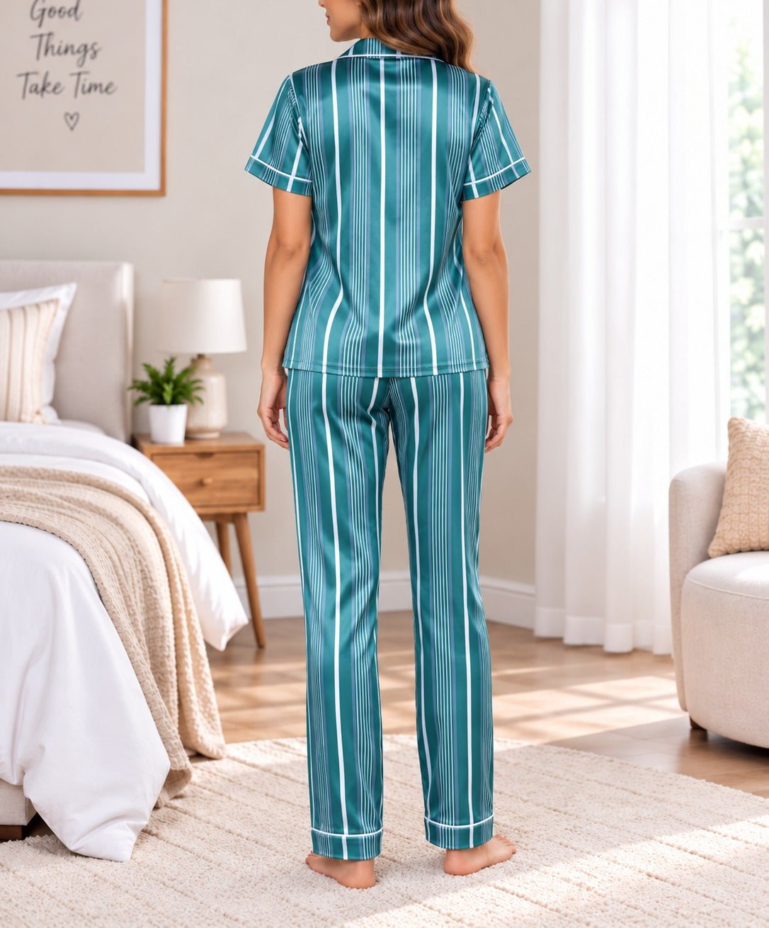 Ladies Green Stripped Satin Pyjama Set - StylePhase SA