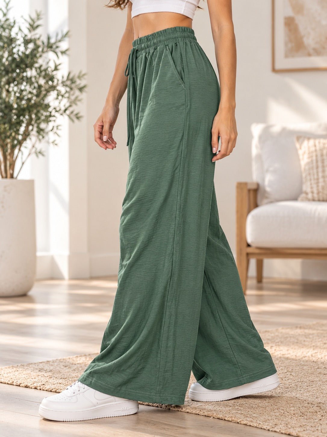 Ladies Green Wide Leg Drawstring Pocket Pants - StylePhase SA