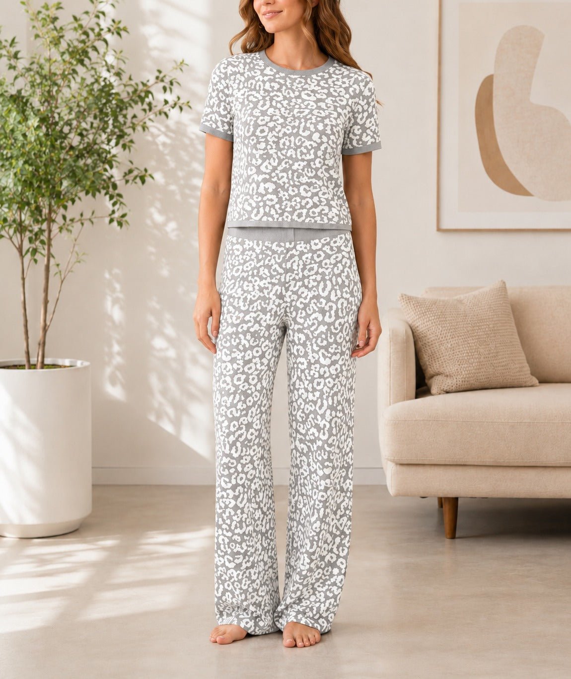Ladies Grey And White Leopard Print Knitwear Jersey Set - StylePhase SA
