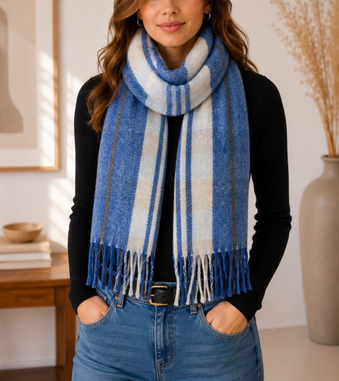 Ladies Grey Blue Stripe Winter Scarf - StylePhase SA