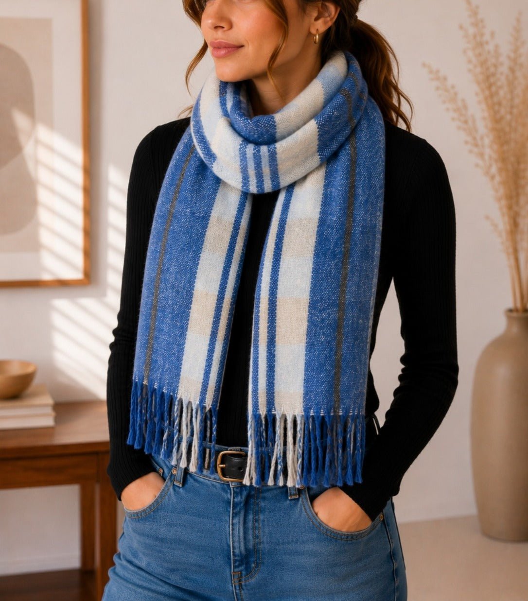 Ladies Grey Blue Stripe Winter Scarf - StylePhase SA