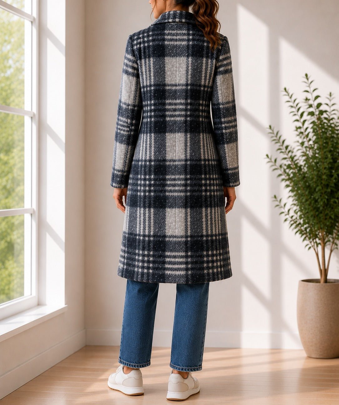 Ladies Grey Check Longline Double-Breasted Coat - StylePhase SA