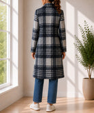 Ladies Grey Check Longline Double-Breasted Coat - StylePhase SA