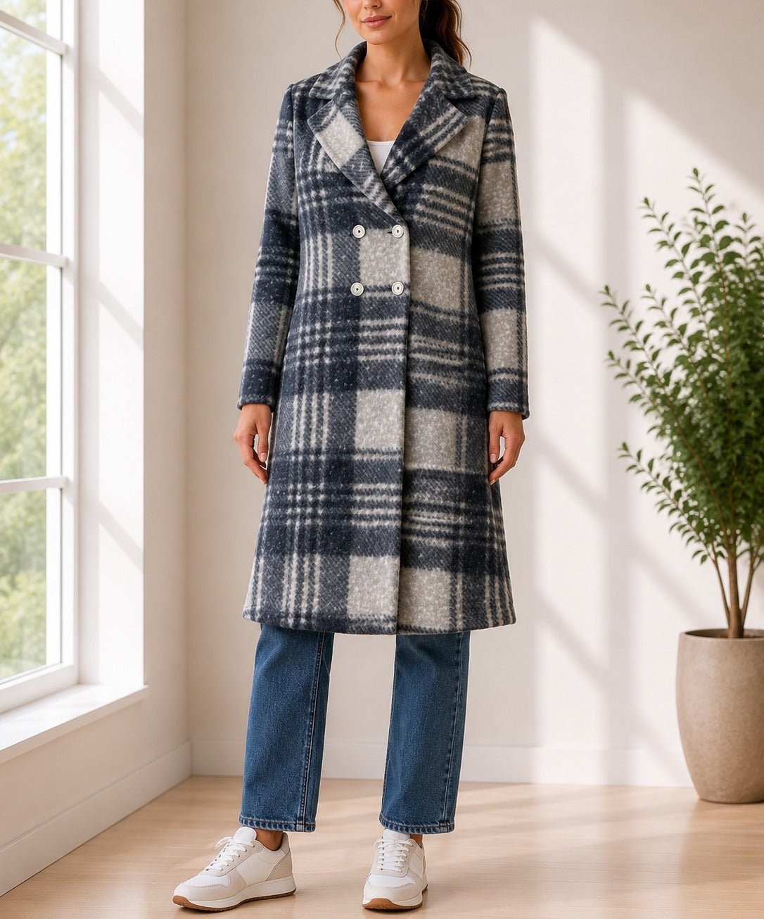 Ladies Grey Check Longline Double-Breasted Coat - StylePhase SA