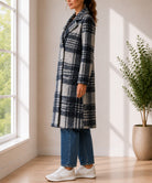 Ladies Grey Check Longline Double-Breasted Coat - StylePhase SA