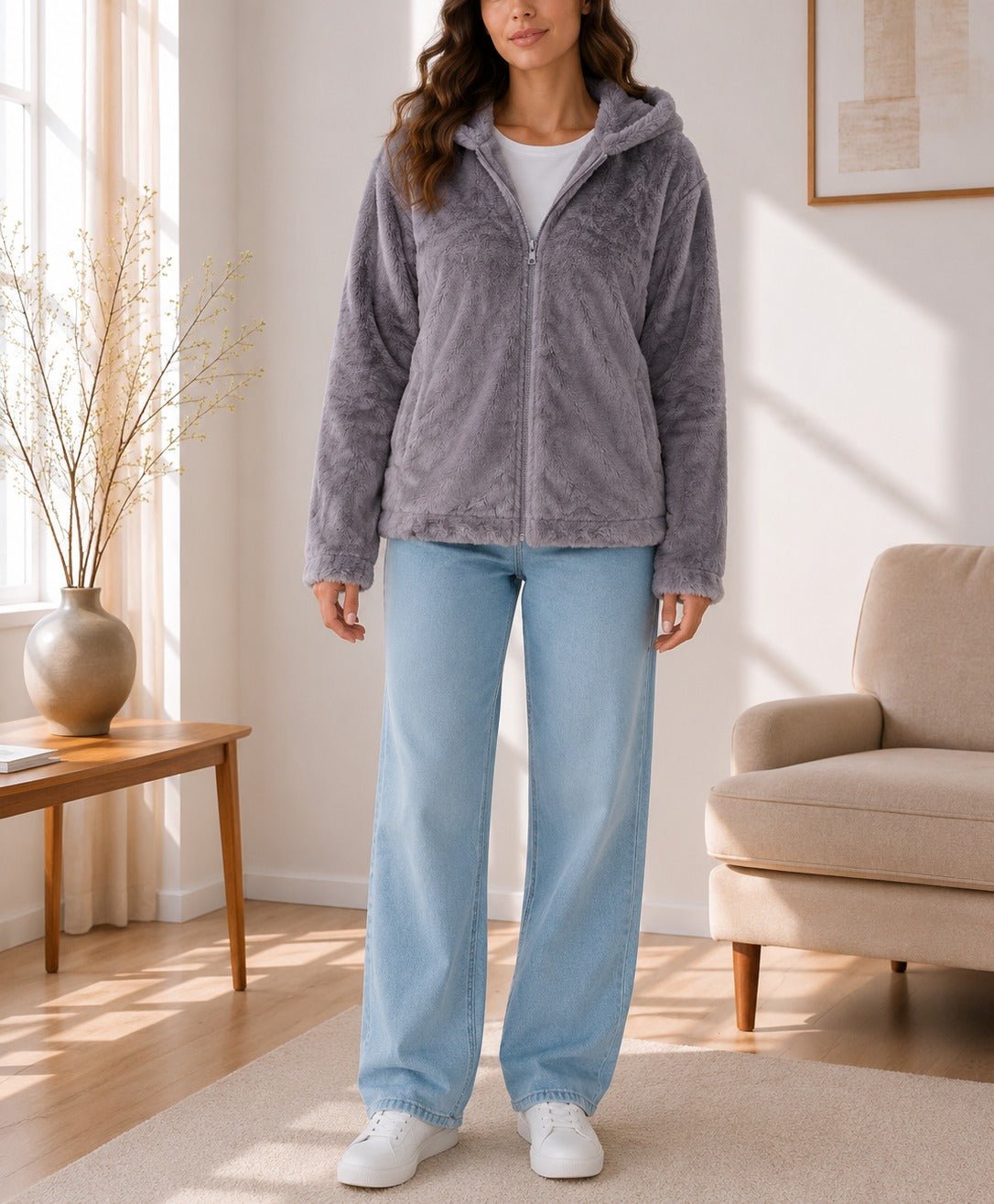 Ladies Grey Faux Fur Zip Hoody Jacket - StylePhase SA