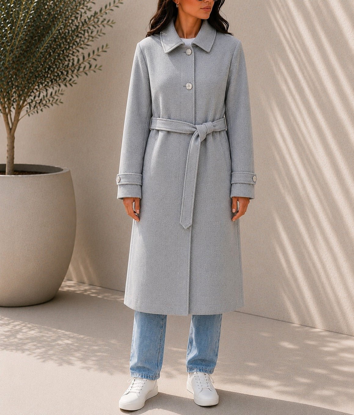 Ladies Grey Pleated Button Detail Melton Coat - StylePhase SA