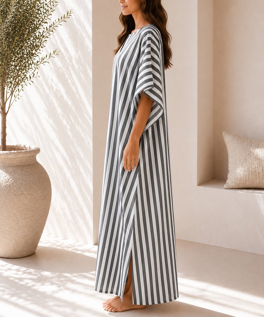 Ladies Grey Stripe Kaftan Maxi Dress - StylePhase SA