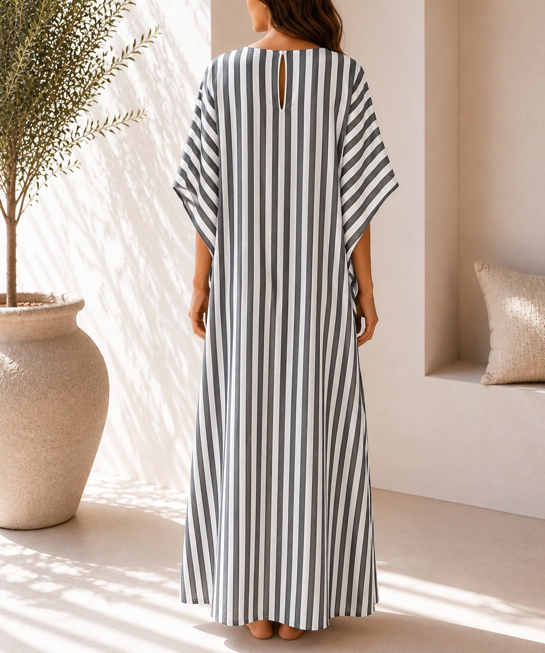 Ladies Grey Stripe Kaftan Maxi Dress - StylePhase SA