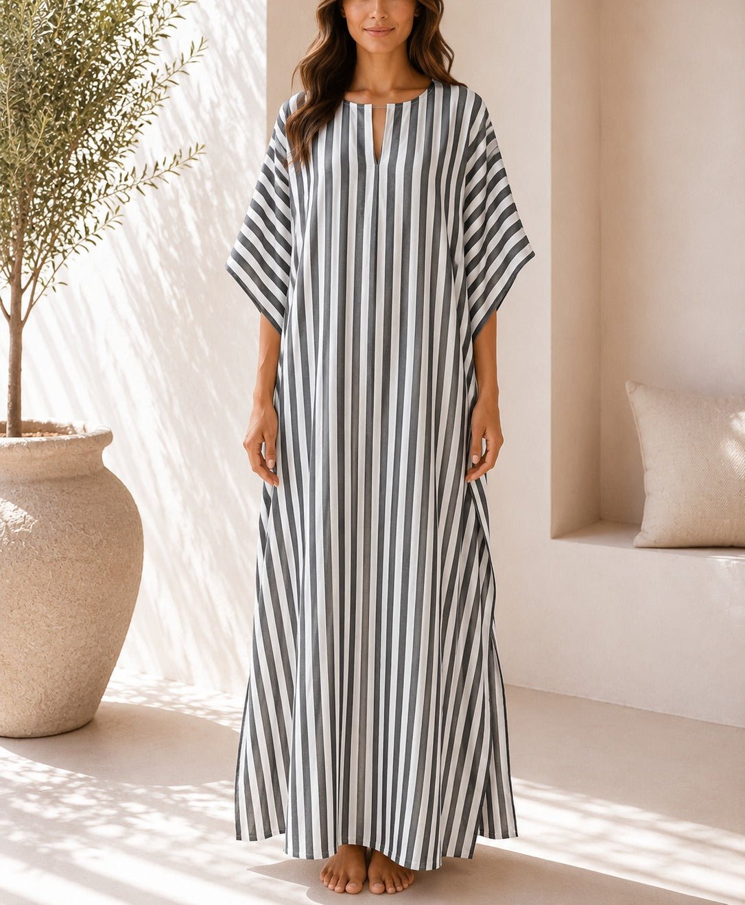Ladies Grey Stripe Kaftan Maxi Dress - StylePhase SA