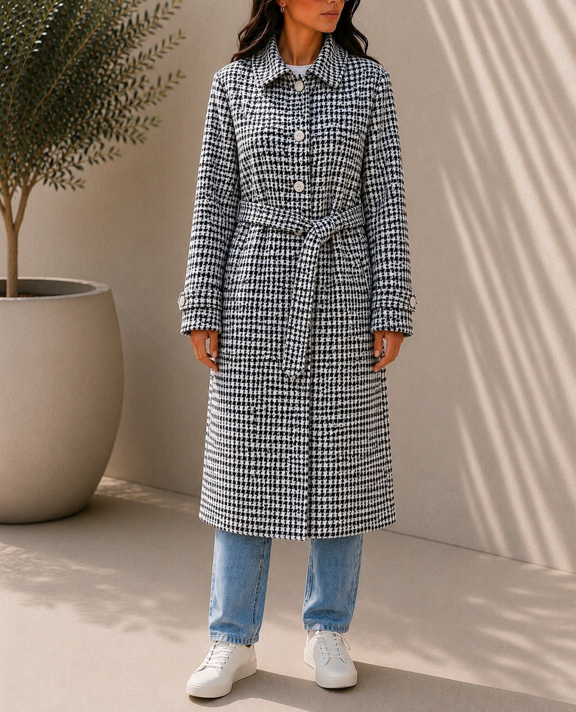 Ladies Houndstooth Pleated Button Detail Melton Coat - StylePhase SA