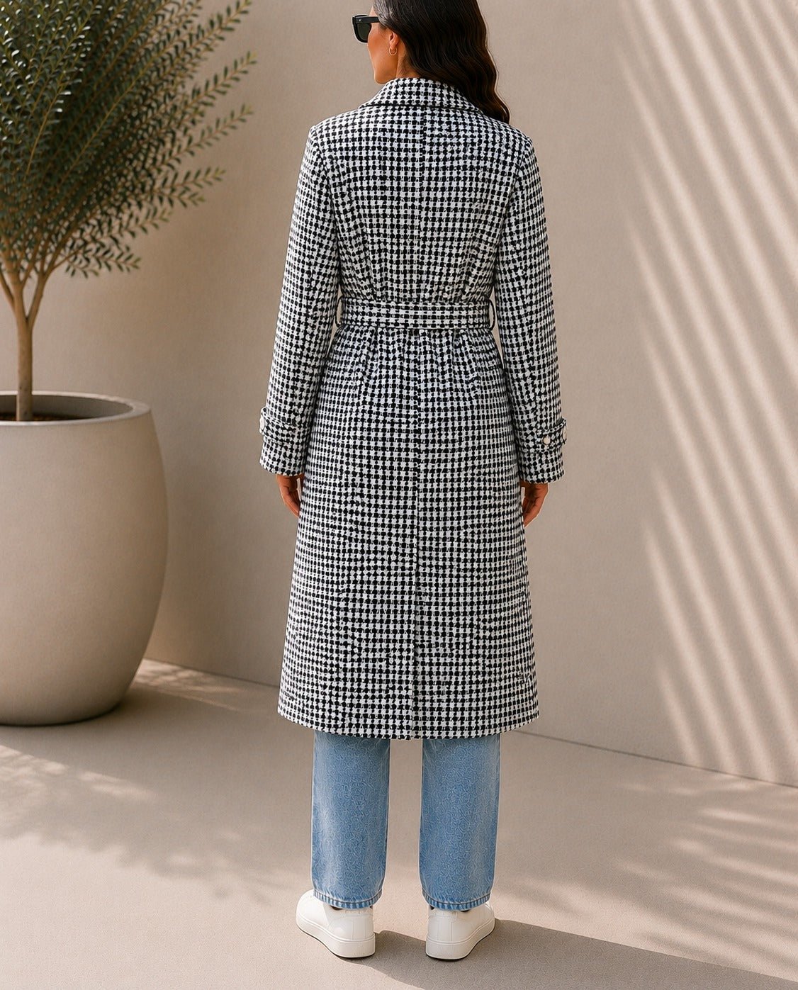 Ladies Houndstooth Pleated Button Detail Melton Coat - StylePhase SA