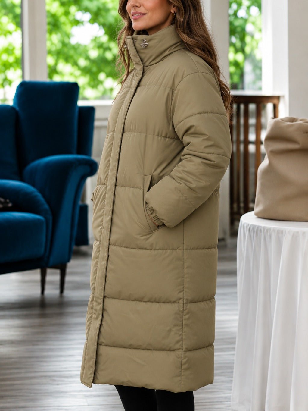 Ladies Khaki Long Windbreaker Jacket - StylePhase SA