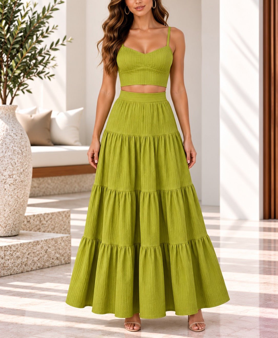 Ladies Lime Crop Cami And Tiered Maxi Skirt - StylePhase SA