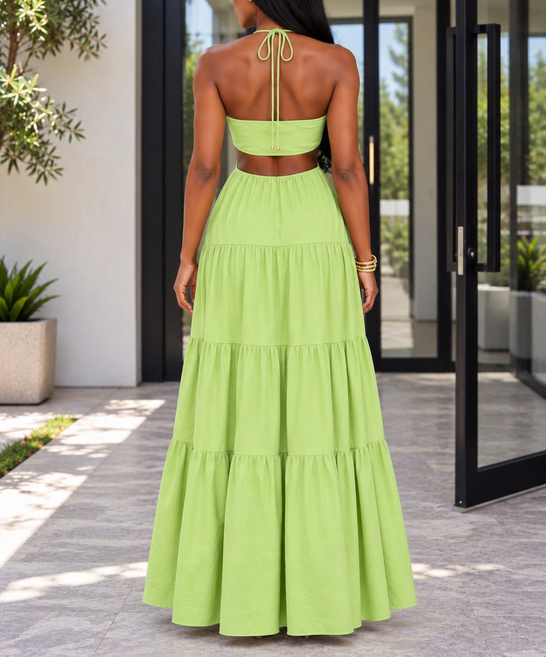 Ladies Lime Cut Out Tie Front Tiered Maxi Dress - StylePhase SA