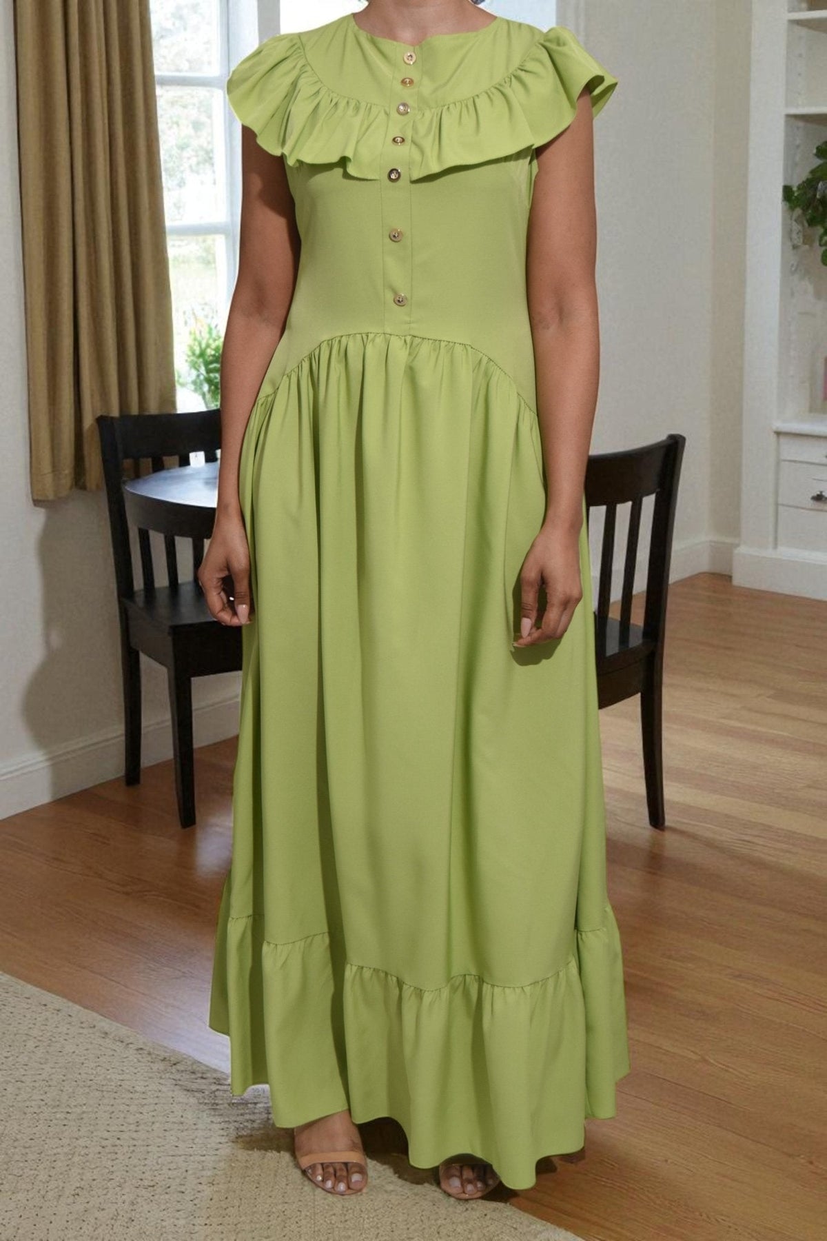 Ladies Lime Ruffled Button Tier Dress - StylePhase SA