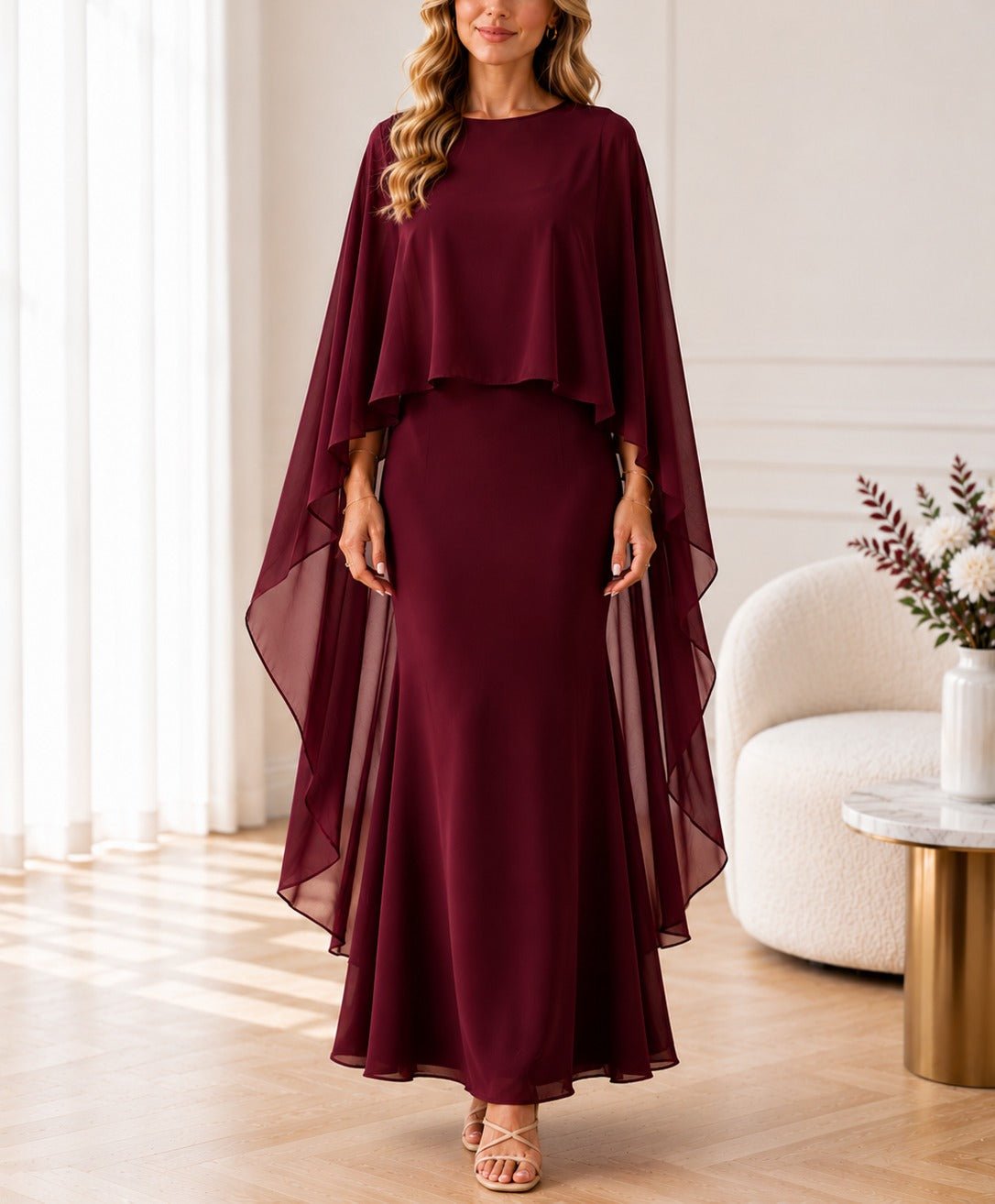 Ladies Maroon Cape Sleeve Two Piece Set - New Feeling - StylePhase SA