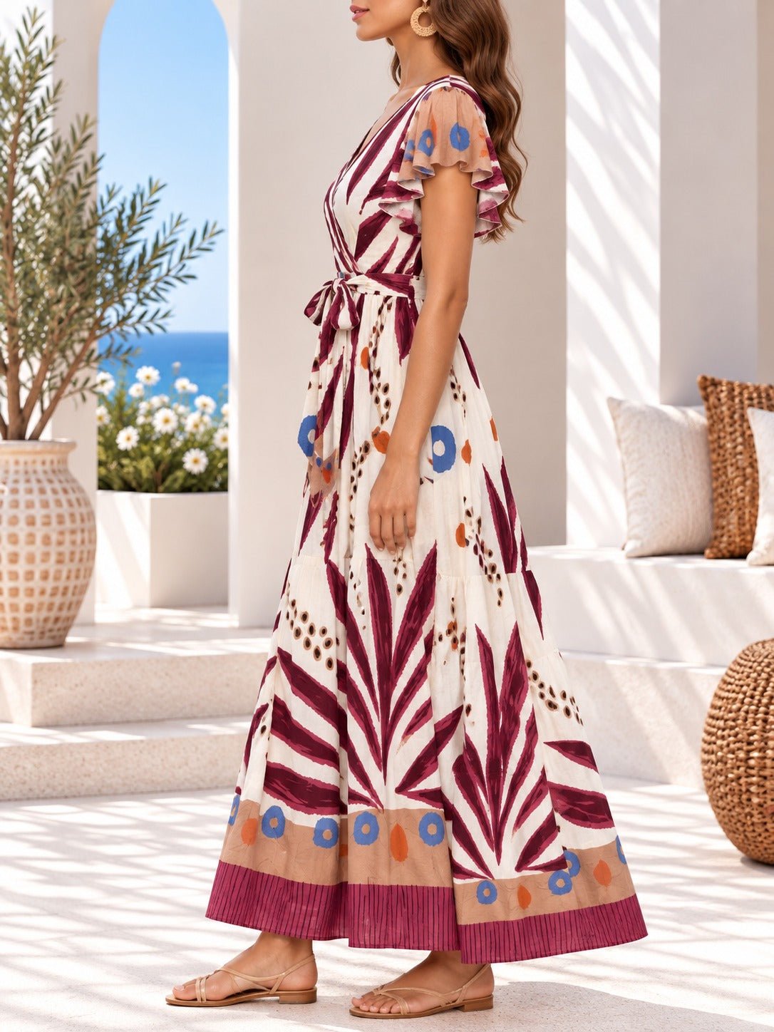 Ladies Maroon Fern Print Maxi Dress - StylePhase SA