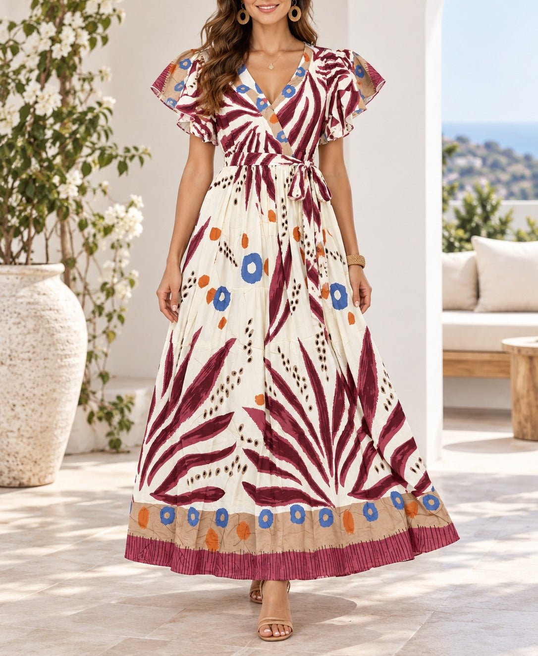 Ladies Maroon Fern Print Maxi Dress - StylePhase SA