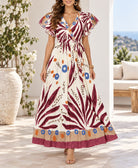 Ladies Maroon Fern Print Maxi Dress - StylePhase SA