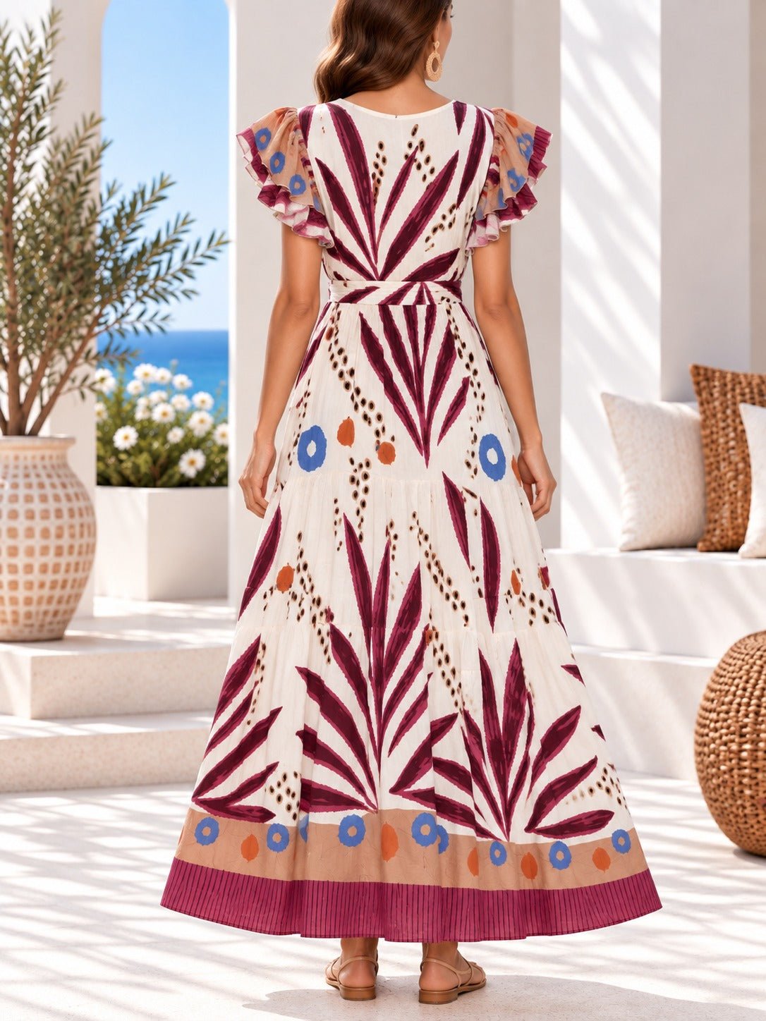 Ladies Maroon Fern Print Maxi Dress - StylePhase SA