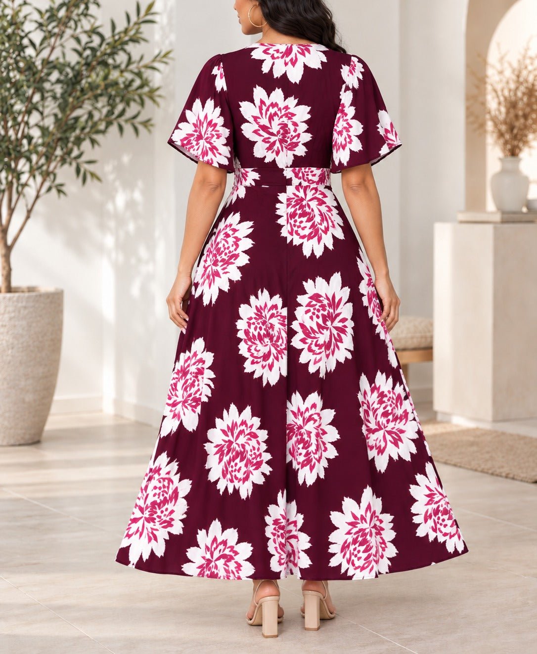 Ladies Maroon Floral Tassel Tie-Waist Midi Dress - StylePhase SA