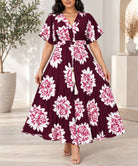 Ladies Maroon Floral Tassel Tie-Waist Midi Dress - StylePhase SA