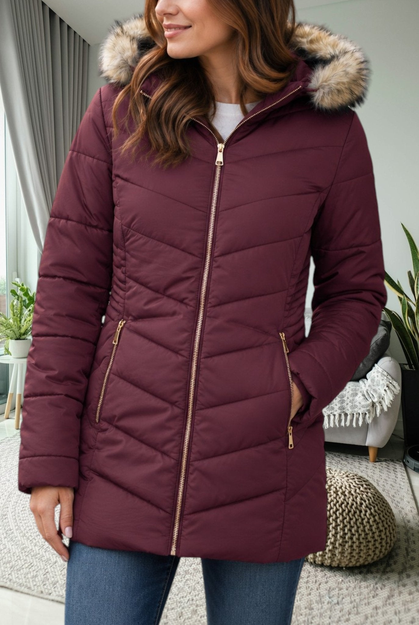 Ladies Maroon Fur Hoody Jacket - StylePhase SA