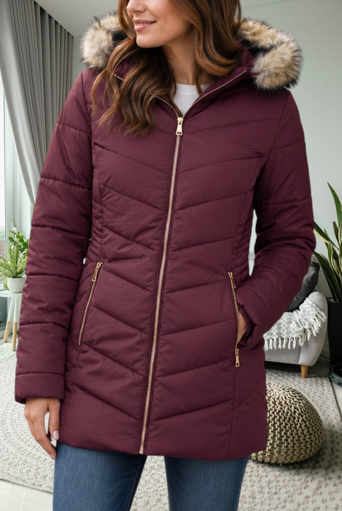 Ladies Maroon Fur Hoody Jacket - StylePhase SA