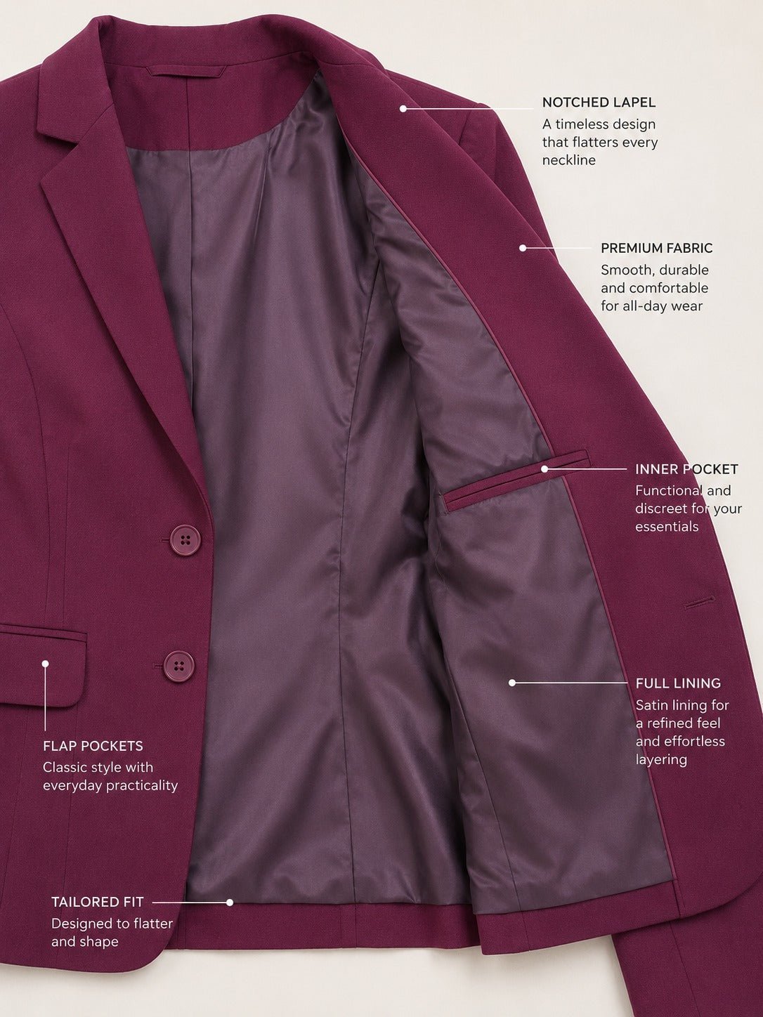 Ladies Maroon Two Button Lined Slim Fit Blazer - StylePhase SA