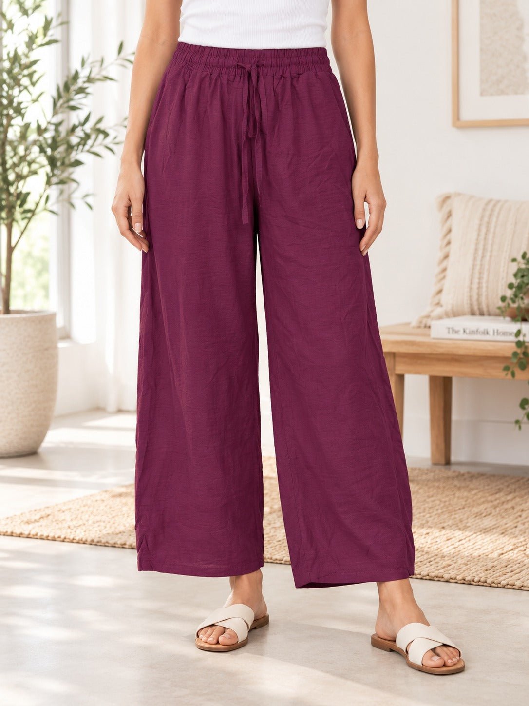 Ladies Maroon Wide Leg Drawstring Pocket Pants - StylePhase SA