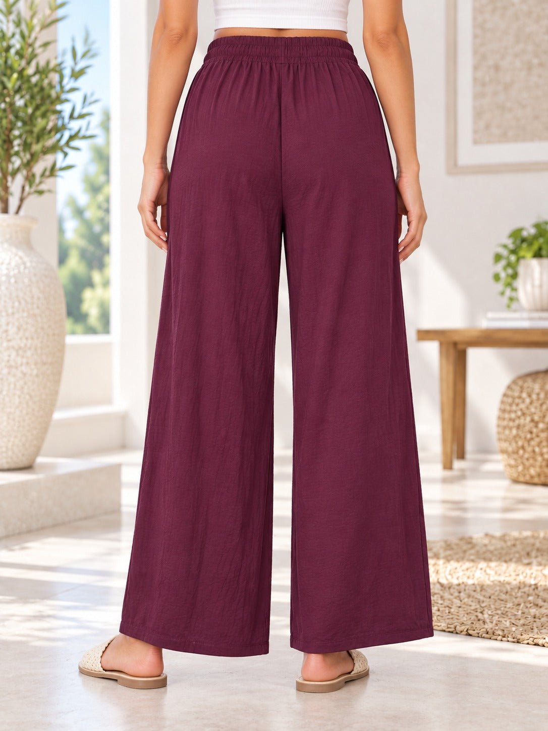 Ladies Maroon Wide Leg Drawstring Pocket Pants - StylePhase SA