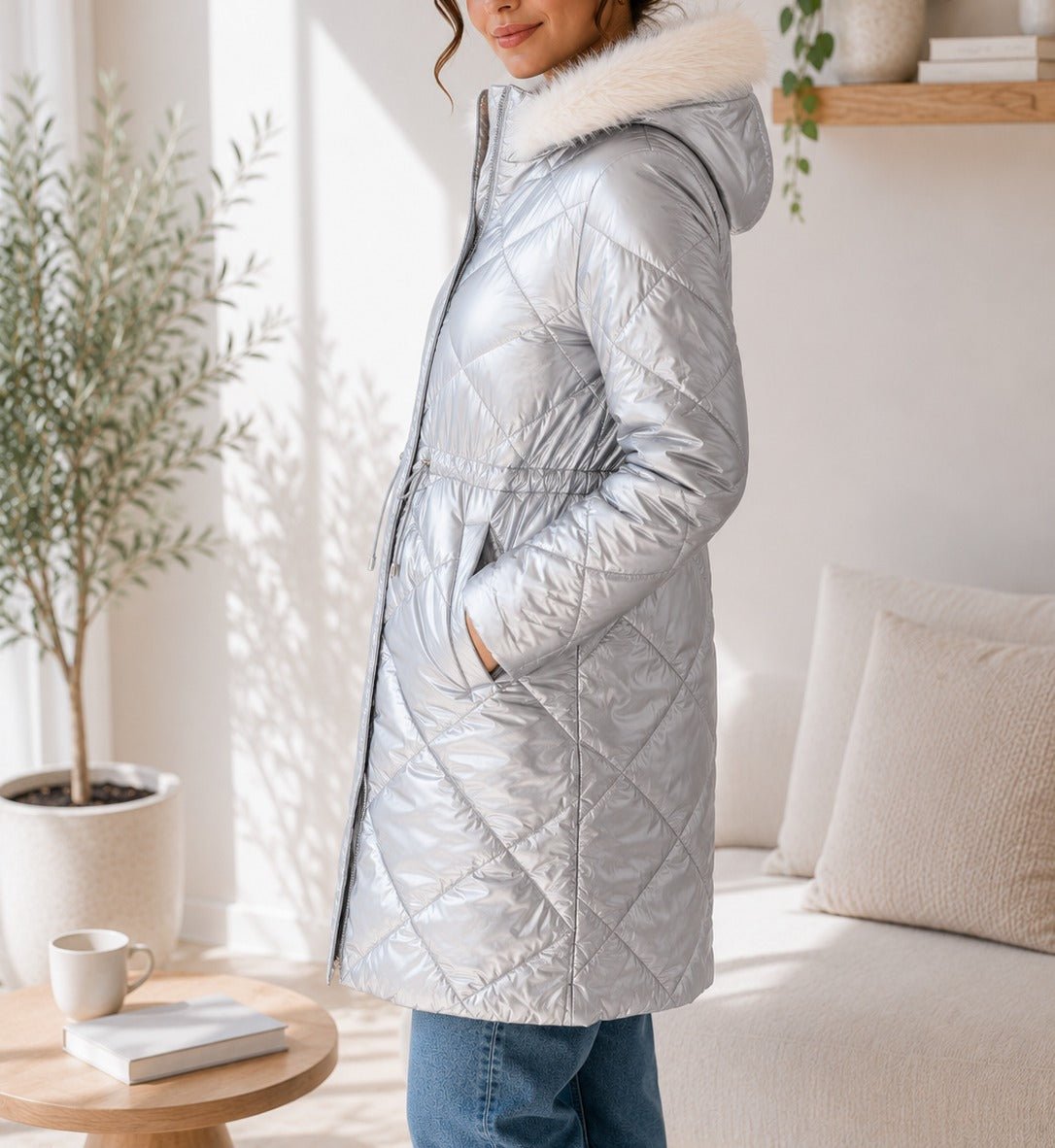 ladies Metallic Grey Faux Fur Hoody Padded jacket - StylePhase SA