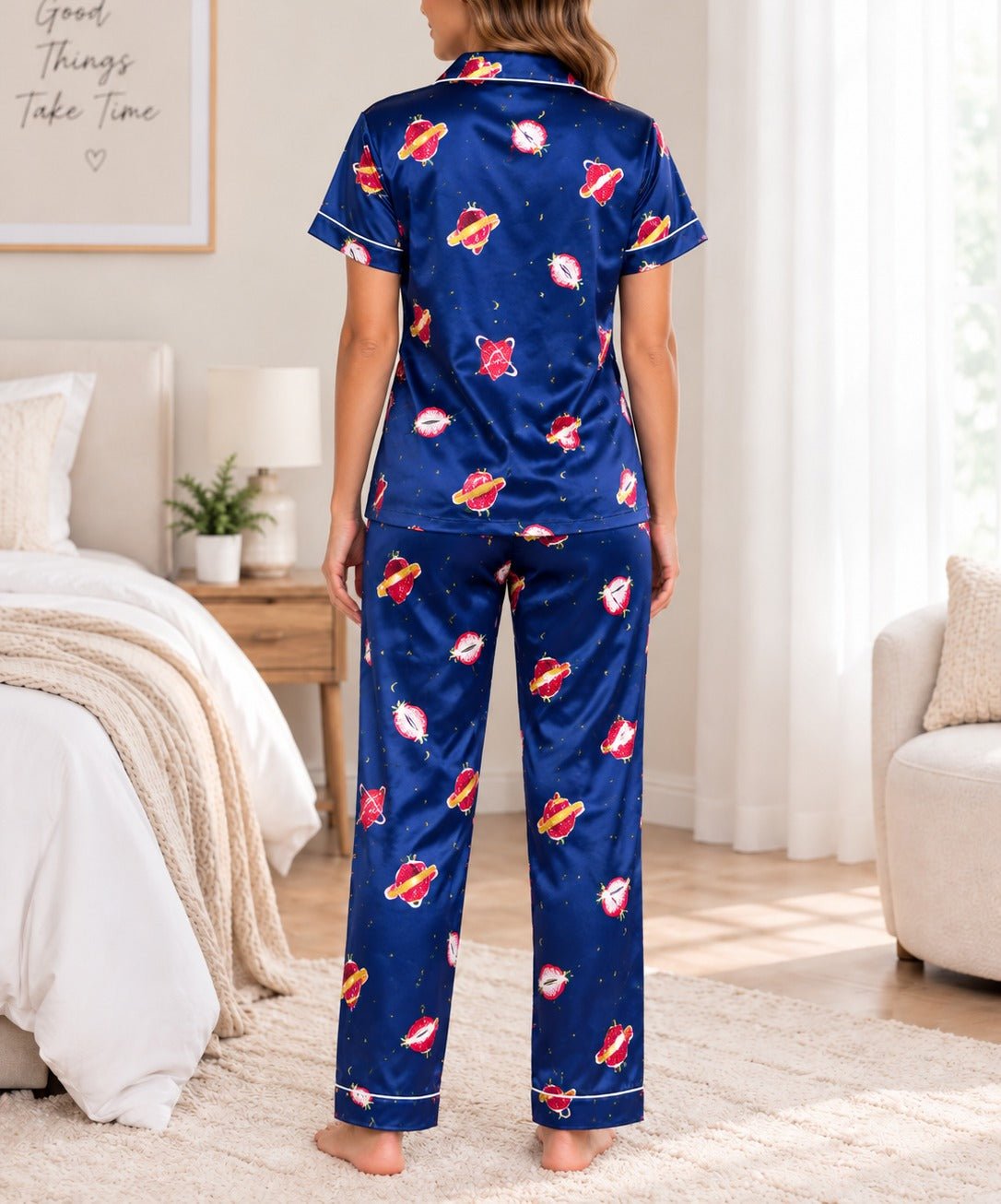 Ladies Navy Blue Satin Printed Pyjama Set - StylePhase SA