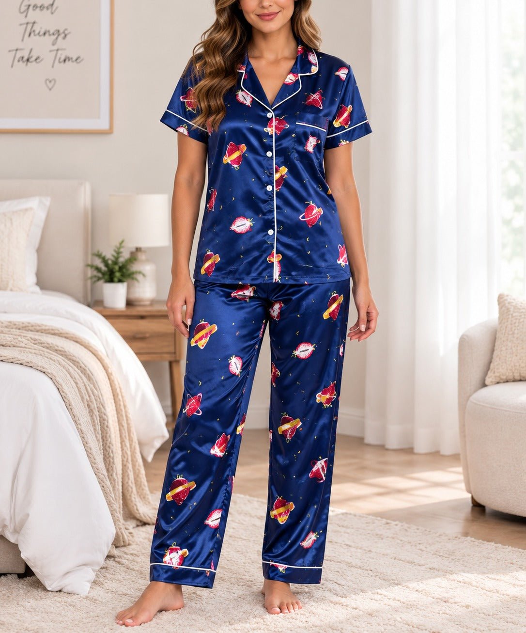 Ladies Navy Blue Satin Printed Pyjama Set - StylePhase SA
