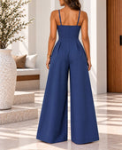 Ladies Navy Pleated Wide Leg Button Detail Jumpsuit - StylePhase SA