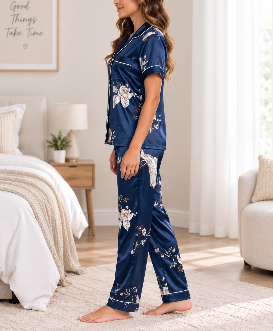 Ladies Navy Satin Floral Printed Pyjama Set - StylePhase SA