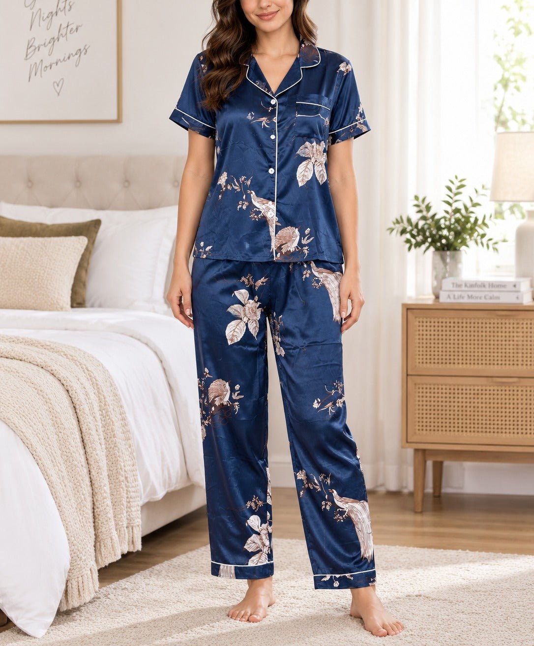 Ladies Navy Satin Floral Printed Pyjama Set - StylePhase SA